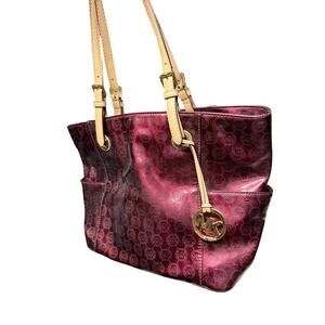 Michael Kors Burgundy Metallic Signature Logo Tote Shoulder Bag Purse